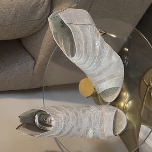 Silver peep toe heels
